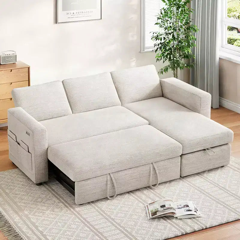 Dyonery 81 L Shaped Sectional Sleeper Sofa Bed with Pull Out Bed 4 in 1 with Storage Chaise,USB Ports,Side Pocke for Living Room