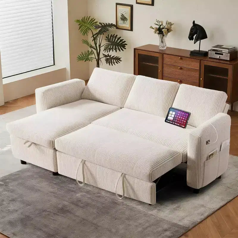 Canapé-lit d'angle en forme de L de 81 pouces avec lit gigogne 4 en 1, chaise longue de rangement, ports USB, poche latérale pour salon