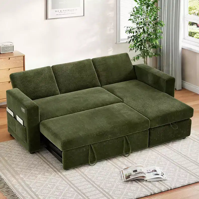 Canapé-lit d'angle en forme de L de 81 pouces avec lit gigogne 4 en 1, chaise longue de rangement, ports USB, poche latérale pour salon