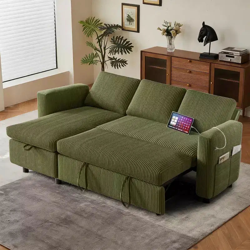 Canapé-lit d'angle en forme de L de 81 pouces avec lit gigogne 4 en 1, chaise longue de rangement, ports USB, poche latérale pour salon