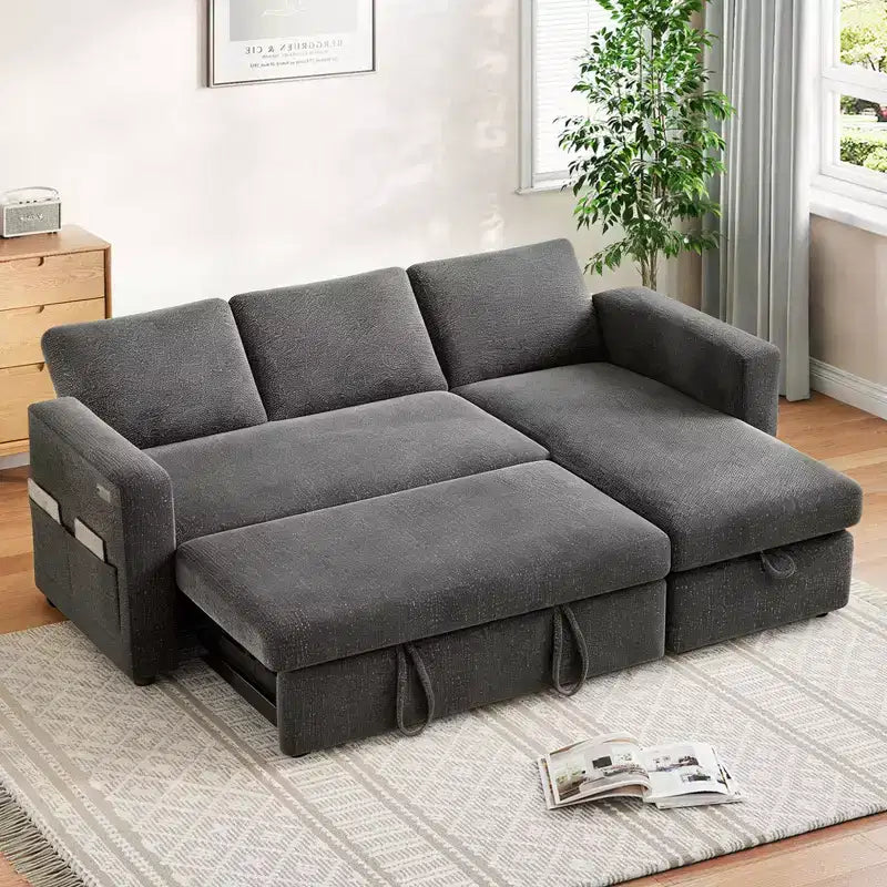 Canapé-lit d'angle en forme de L de 81 pouces avec lit gigogne 4 en 1, chaise longue de rangement, ports USB, poche latérale pour salon