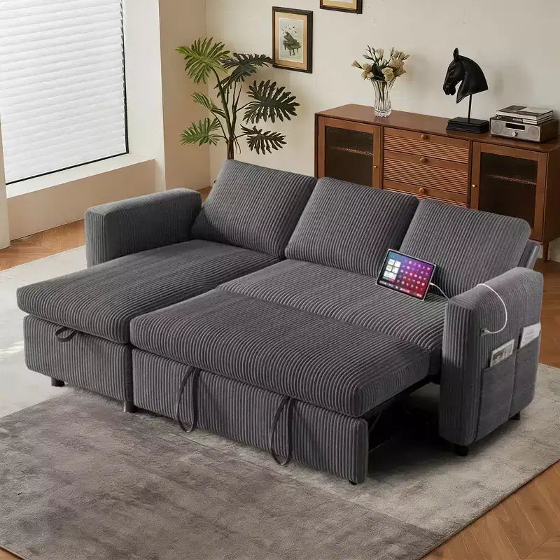 Canapé-lit d'angle en forme de L de 81 pouces avec lit gigogne 4 en 1, chaise longue de rangement, ports USB, poche latérale pour salon