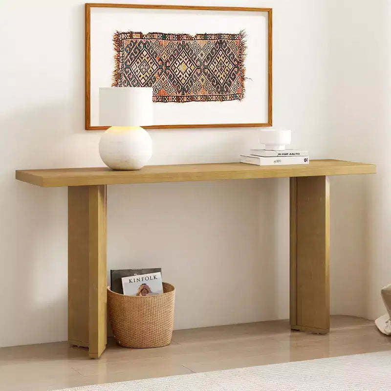 Console moderne avec placage de pin et 2 pieds géométriques, table d'appoint pour entrée, salon, bureau, salle à manger