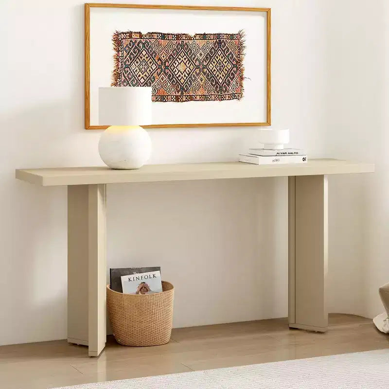 Console moderne avec placage de pin et 2 pieds géométriques, table d'appoint pour entrée, salon, bureau, salle à manger