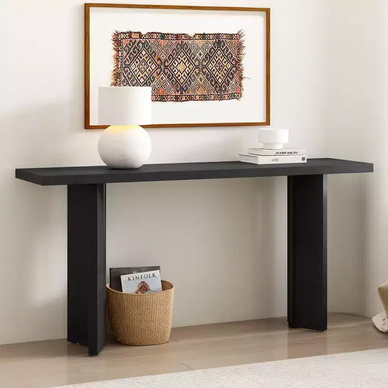 Console moderne avec placage de pin et 2 pieds géométriques, table d'appoint pour entrée, salon, bureau, salle à manger