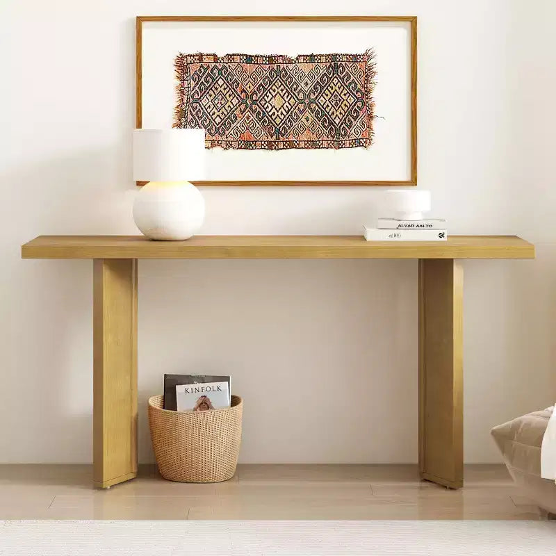 Console moderne avec placage de pin et 2 pieds géométriques, table d'appoint pour entrée, salon, bureau, salle à manger