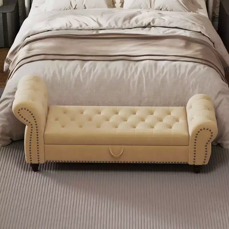MAYEERTY 64.5 Bed Bench for Bed Room Nails Tufted Chaise of Lounge with Storage Velvet Upholstery Khaki