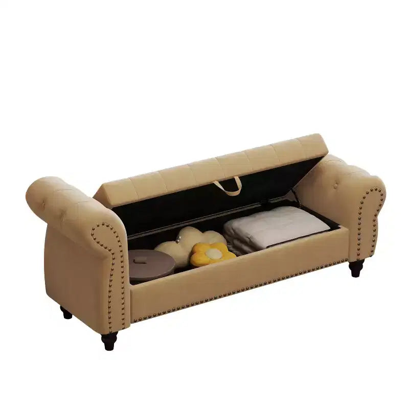 Banc de lit 64,5 pour chambre à coucher, méridienne capitonnée avec rangement, revêtement velours, kaki