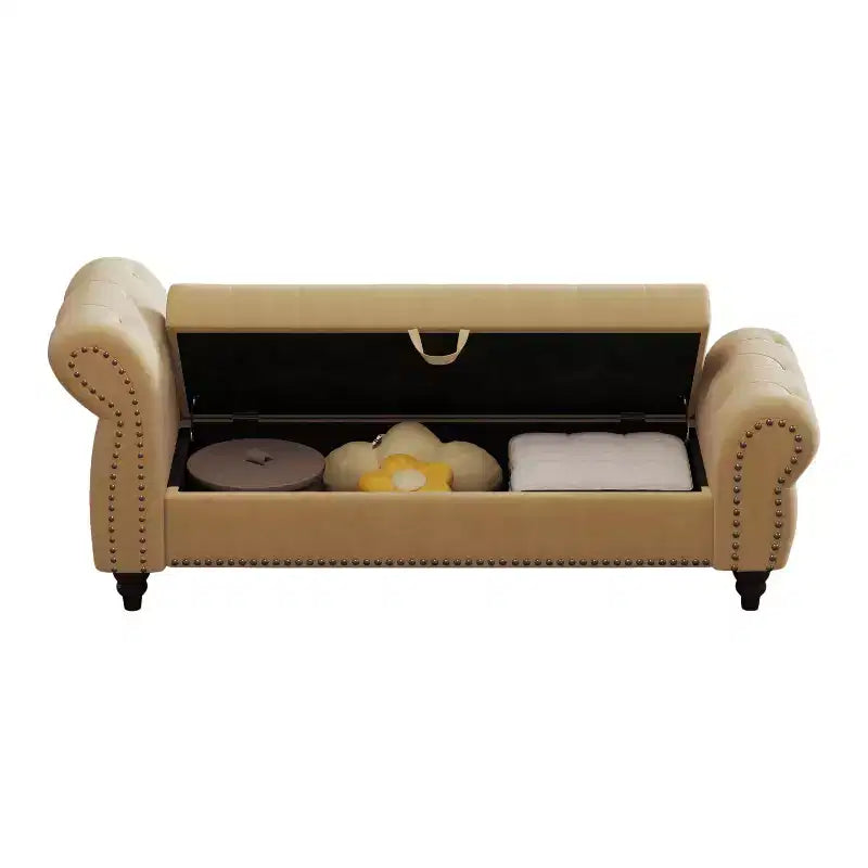 Banc de lit 64,5 pour chambre à coucher, méridienne capitonnée avec rangement, revêtement velours, kaki