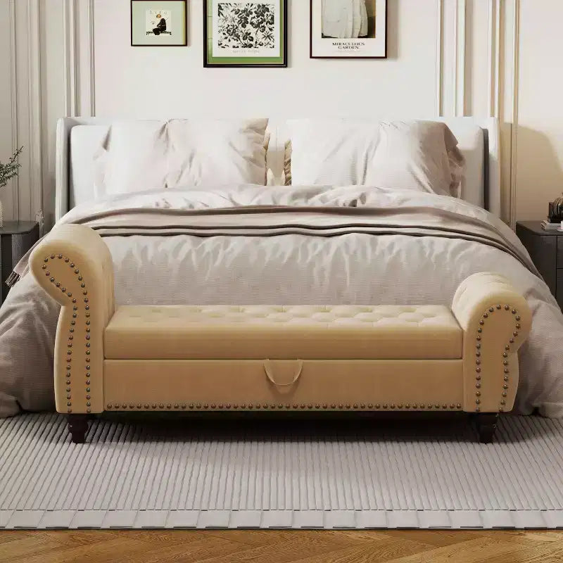 Banc de lit 64,5 pour chambre à coucher, méridienne capitonnée avec rangement, revêtement velours, kaki