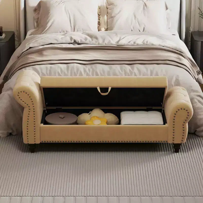 Banc de lit 64,5 pour chambre à coucher, méridienne capitonnée avec rangement, revêtement velours, kaki
