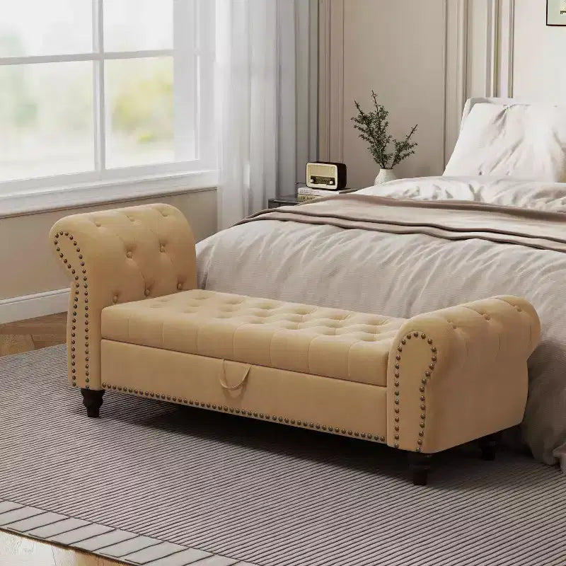 Banc de lit 64,5 pour chambre à coucher, méridienne capitonnée avec rangement, revêtement velours, kaki