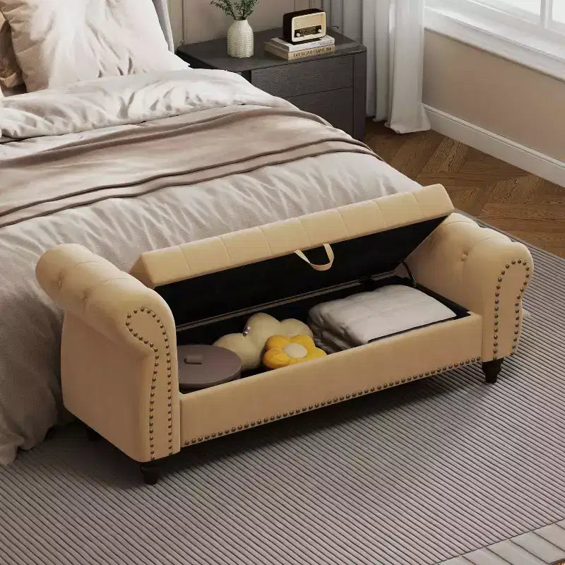 Banc de lit 64,5 pour chambre à coucher, méridienne capitonnée avec rangement, revêtement velours, kaki