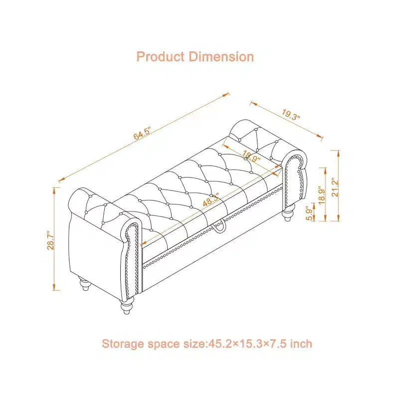 Banc de lit 64,5 pour chambre à coucher, méridienne capitonnée avec rangement, revêtement velours, kaki