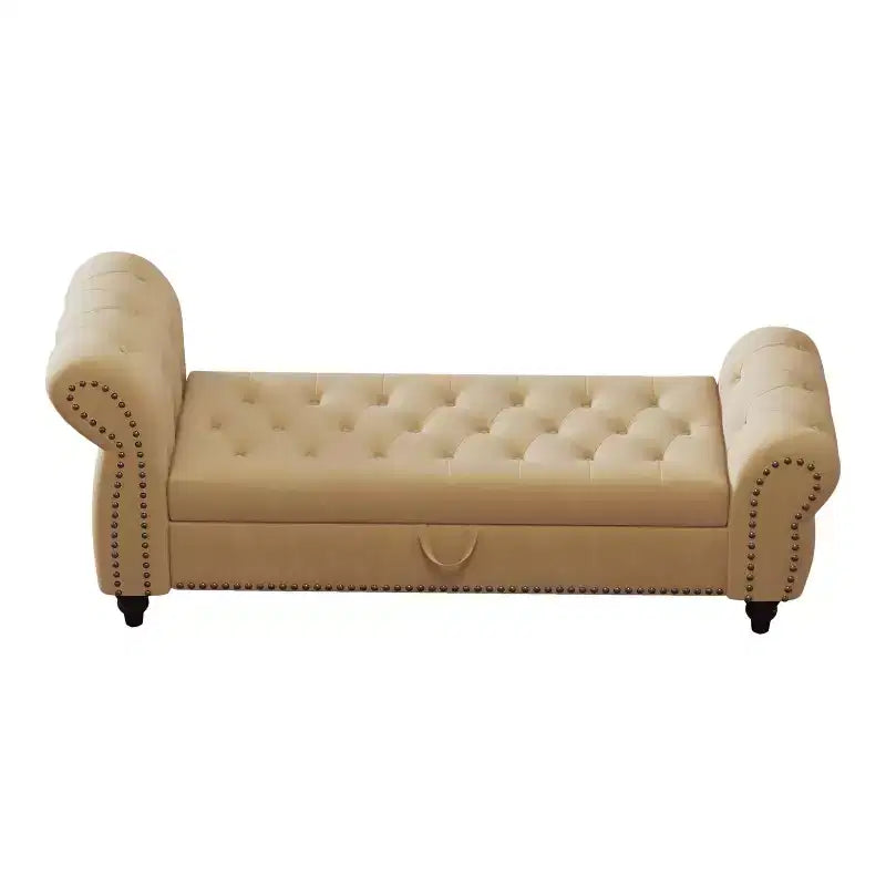 Banc de lit 64,5 pour chambre à coucher, méridienne capitonnée avec rangement, revêtement velours, kaki