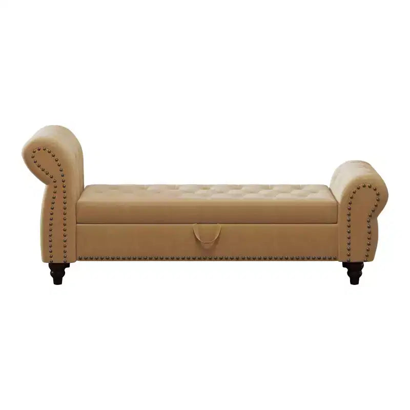 Banc de lit 64,5 pour chambre à coucher, méridienne capitonnée avec rangement, revêtement velours, kaki