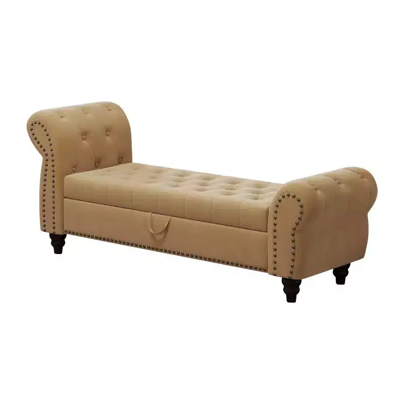 Banc de lit 64,5 pour chambre à coucher, méridienne capitonnée avec rangement, revêtement velours, kaki