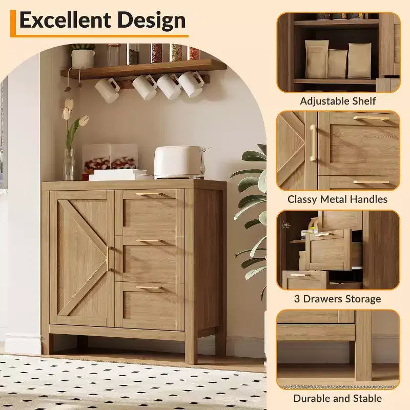 35,4 Bahut de style ferme moderne avec portes, tiroirs et étagère réglable pour cuisine, salle à manger ou salon