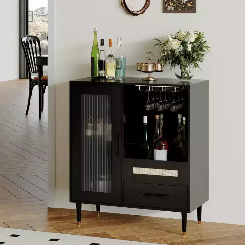 Meuble de bar à vin et café moderne avec porte en verre trempé, buffet de rangement pour liqueurs avec tiroirs pour cuisine, salle à manger et salon