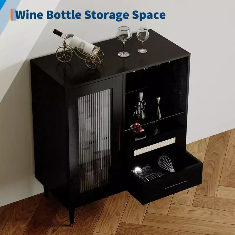 Meuble de bar à vin et café moderne avec porte en verre trempé, buffet de rangement pour liqueurs avec tiroirs pour cuisine, salle à manger et salon