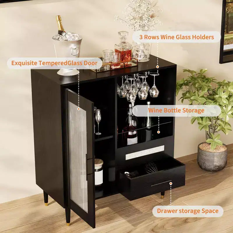 Meuble de bar à vin et café moderne avec porte en verre trempé, buffet de rangement pour liqueurs avec tiroirs pour cuisine, salle à manger et salon
