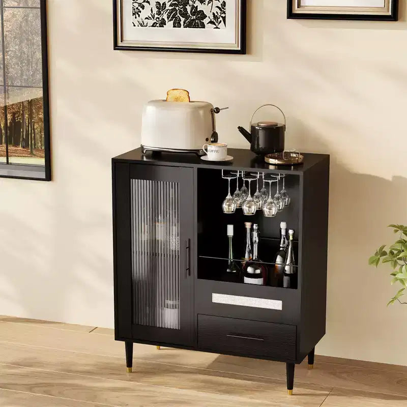 Meuble de bar à vin et café moderne avec porte en verre trempé, buffet de rangement pour liqueurs avec tiroirs pour cuisine, salle à manger et salon