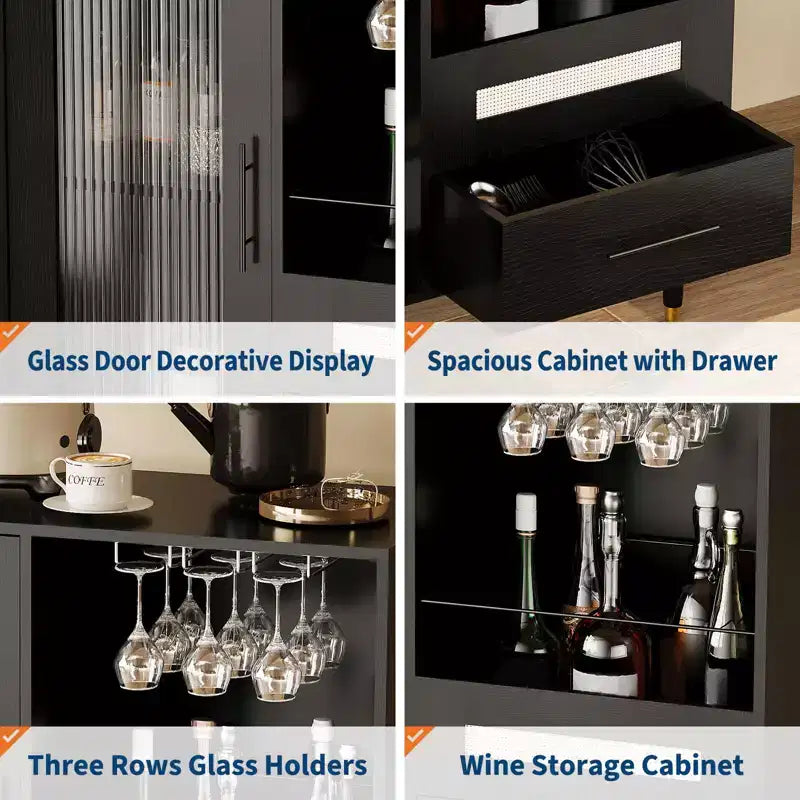 Meuble de bar à vin et café moderne avec porte en verre trempé, buffet de rangement pour liqueurs avec tiroirs pour cuisine, salle à manger et salon