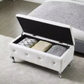 Storage Bench with Faux Leather Cushion, White Upholstered Bench with Crystal Buttons & Metal Legs for Living Room Bedroom