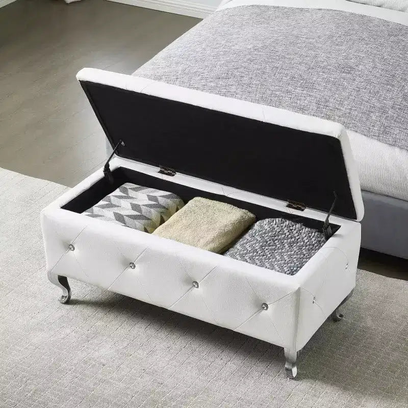 Storage Bench with Faux Leather Cushion, White Upholstered Bench with Crystal Buttons & Metal Legs for Living Room Bedroom
