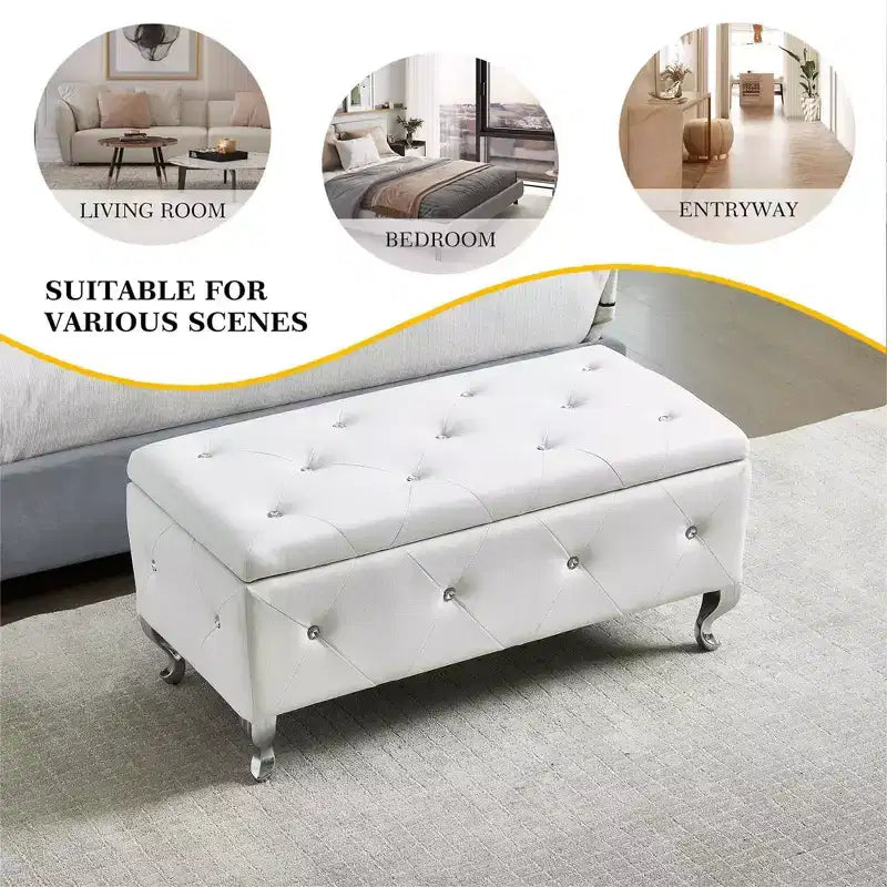 Banc de rangement avec coussin en similicuir, banc capitonné blanc avec boutons en cristal et pieds en métal pour salon et chambre à coucher.