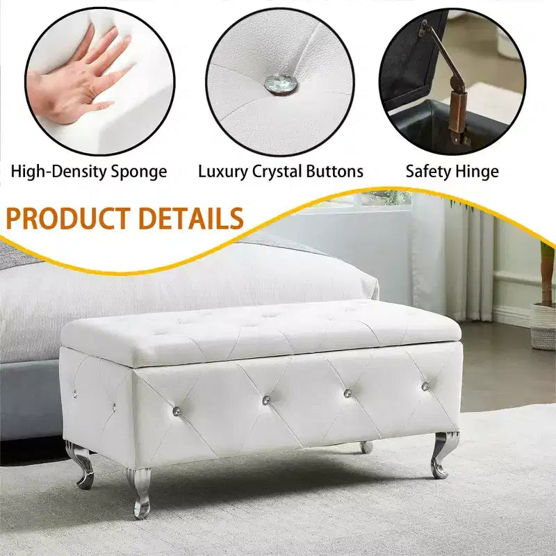 Banc de rangement avec coussin en similicuir, banc capitonné blanc avec boutons en cristal et pieds en métal pour salon et chambre à coucher.