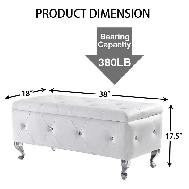 Banc de rangement avec coussin en similicuir, banc capitonné blanc avec boutons en cristal et pieds en métal pour salon et chambre à coucher.