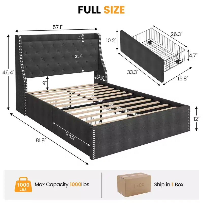 Cadre de lit plateforme capitonné Grand lit/Très grand lit avec tête de lit de chargement et 4 tiroirs de rangement - Tissu en lin avec garniture cloutée