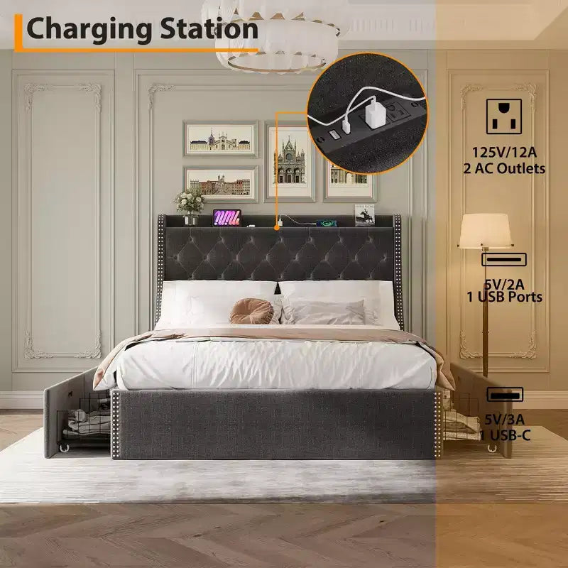 Cadre de lit plateforme capitonné Grand lit/Très grand lit avec tête de lit de chargement et 4 tiroirs de rangement - Tissu en lin avec garniture cloutée