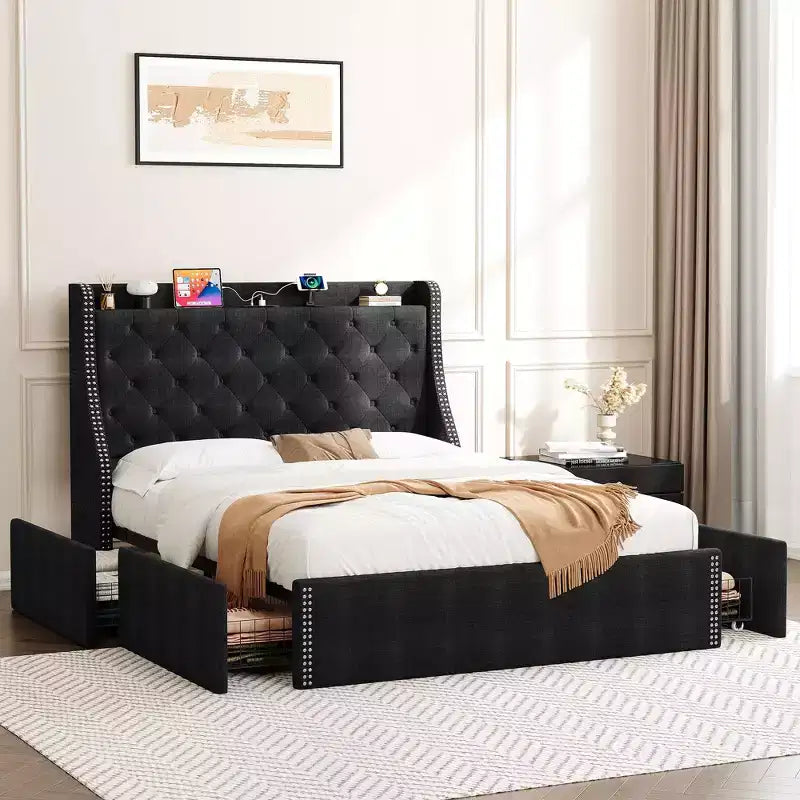 Full/Queen Upholstered Platform Bed Frame with Charging Headboard and 4 Storage Drawers - Linen Fabric with Nailhead Trim