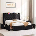 Full/Queen Upholstered Platform Bed Frame with Charging Headboard and 4 Storage Drawers - Linen Fabric with Nailhead Trim