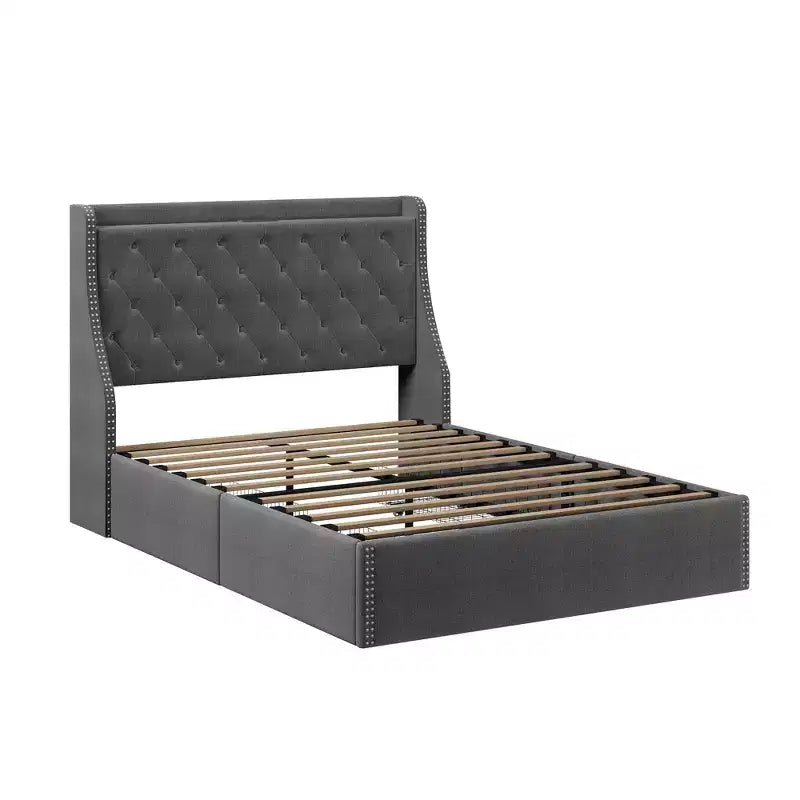 Cadre de lit plateforme capitonné Grand lit/Très grand lit avec tête de lit de chargement et 4 tiroirs de rangement - Tissu en lin avec garniture cloutée