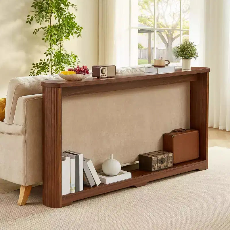 Table d'appoint de rangement 70,1 pouces avec texture ondulée, Design étroit en bois, idéale pour un placement derrière les canapés, parfaite pour les entrées. Noyer