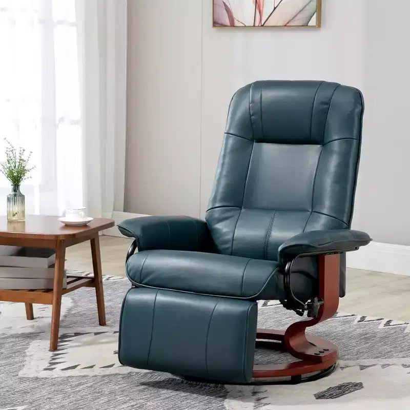 Fauteuil inclinable manuel en similicuir, fauteuil de salon pivotant et réglable avec repose-pieds, accoudoirs et base en bois enveloppée pour salon