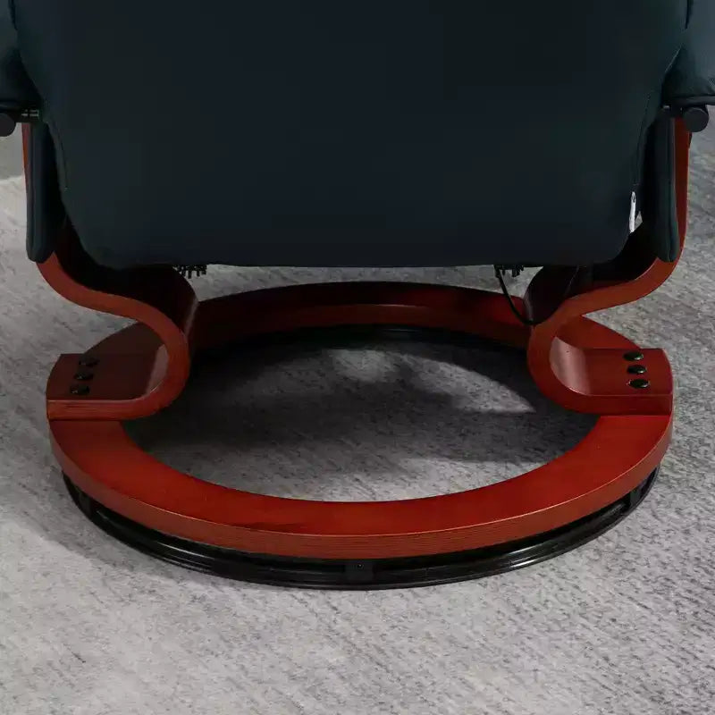 Fauteuil inclinable manuel en similicuir, fauteuil de salon pivotant et réglable avec repose-pieds, accoudoirs et base en bois enveloppée pour salon