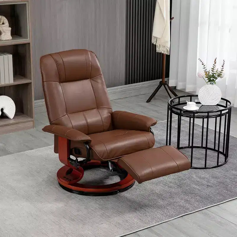 Fauteuil inclinable manuel en similicuir, fauteuil de salon pivotant et réglable avec repose-pieds, accoudoirs et base en bois enveloppée pour salon