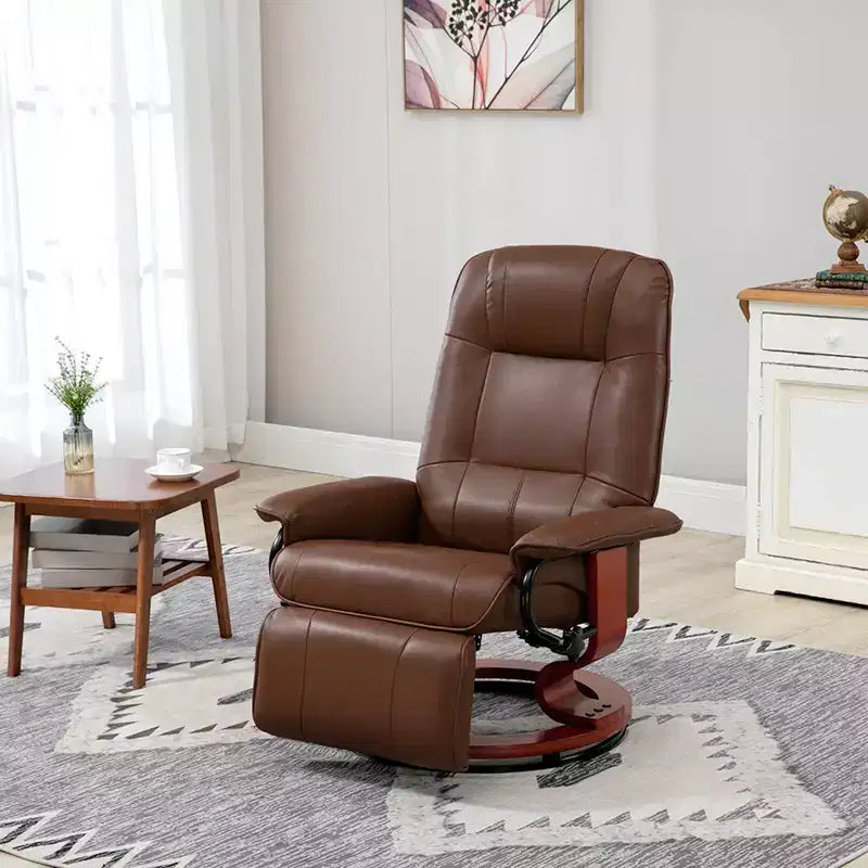 Fauteuil inclinable manuel en similicuir, fauteuil de salon pivotant et réglable avec repose-pieds, accoudoirs et base en bois enveloppée pour salon