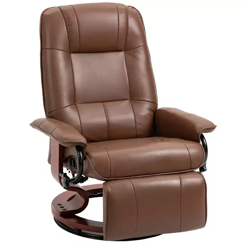 Fauteuil inclinable manuel en similicuir, fauteuil de salon pivotant et réglable avec repose-pieds, accoudoirs et base en bois enveloppée pour salon
