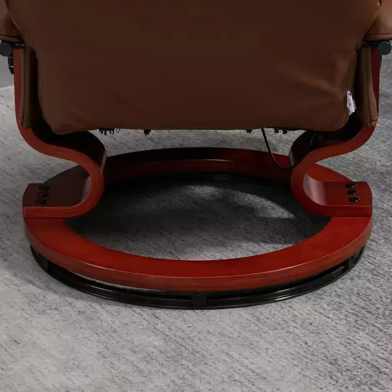 Fauteuil inclinable manuel en similicuir, fauteuil de salon pivotant et réglable avec repose-pieds, accoudoirs et base en bois enveloppée pour salon