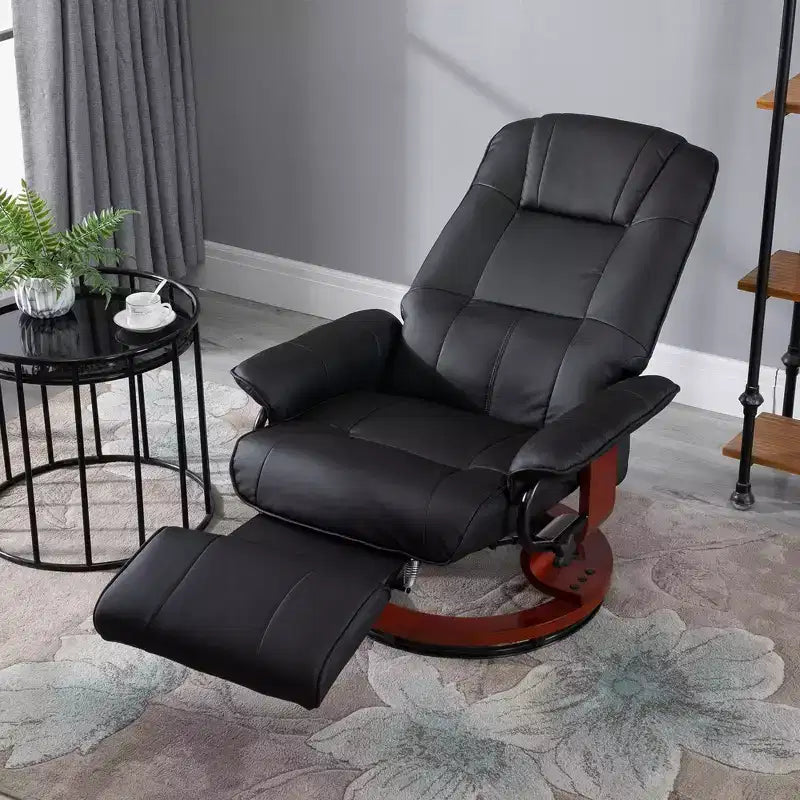Fauteuil inclinable manuel en similicuir, fauteuil de salon pivotant et réglable avec repose-pieds, accoudoirs et base en bois enveloppée pour salon