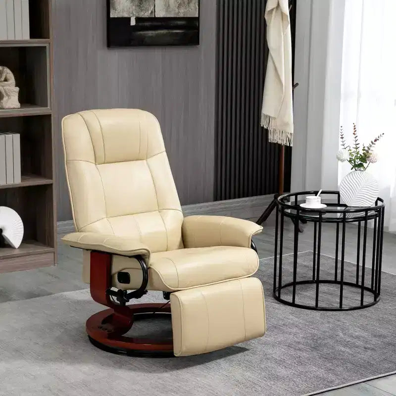 Fauteuil inclinable manuel en similicuir, fauteuil de salon pivotant et réglable avec repose-pieds, accoudoirs et base en bois enveloppée pour salon