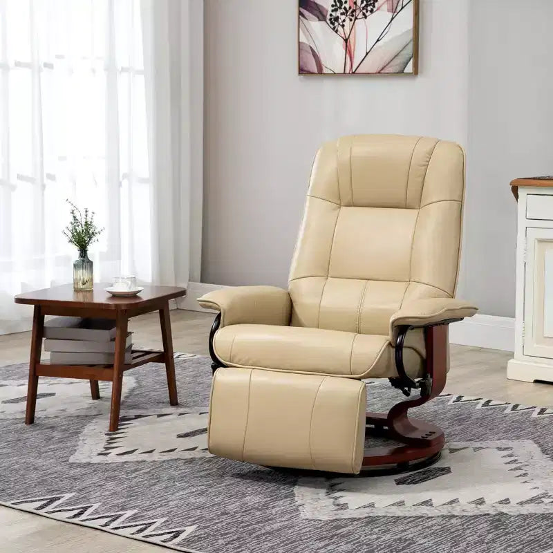 Fauteuil inclinable manuel en similicuir, fauteuil de salon pivotant et réglable avec repose-pieds, accoudoirs et base en bois enveloppée pour salon
