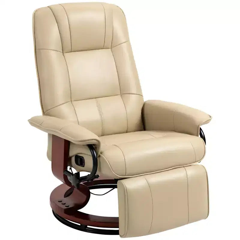 Fauteuil inclinable manuel en similicuir, fauteuil de salon pivotant et réglable avec repose-pieds, accoudoirs et base en bois enveloppée pour salon