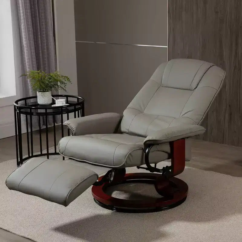 Fauteuil inclinable manuel en similicuir, fauteuil de salon pivotant et réglable avec repose-pieds, accoudoirs et base en bois enveloppée pour salon