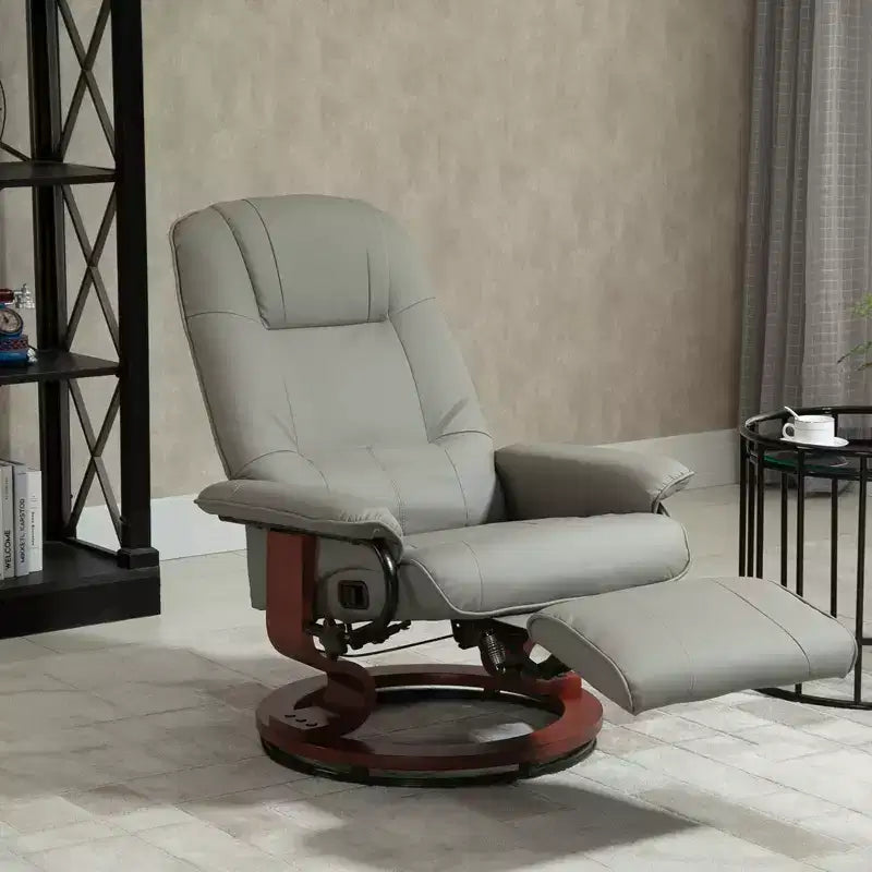 Fauteuil inclinable manuel en similicuir, fauteuil de salon pivotant et réglable avec repose-pieds, accoudoirs et base en bois enveloppée pour salon